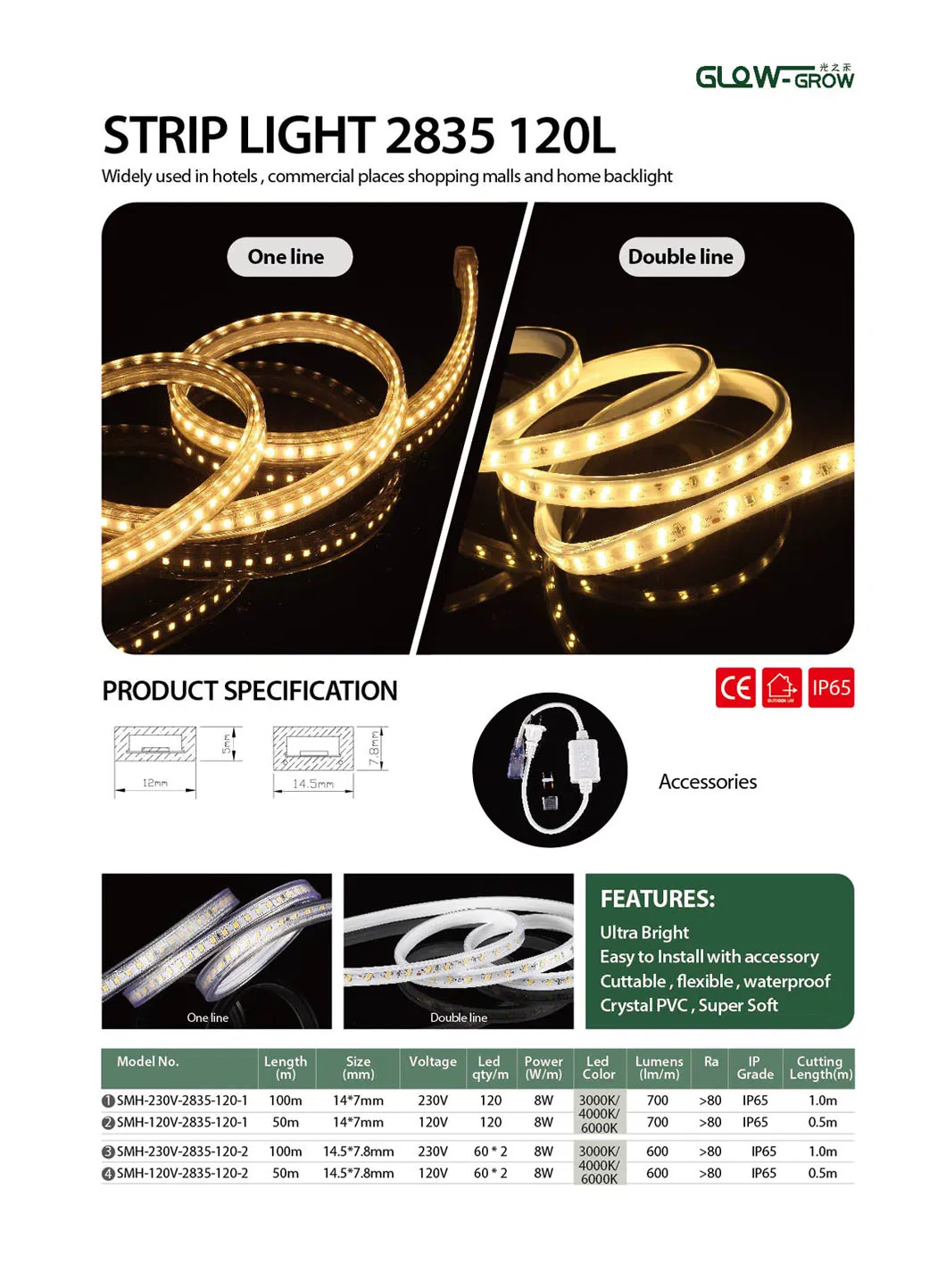 120V 50m IP65 700lm/M 120LEDs/M 2835 LED Strip Light