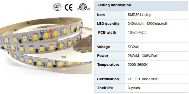 DC12V/24V SMD3014 PCB10mm Width Flexible LED Strip Light with 240LEDs/M