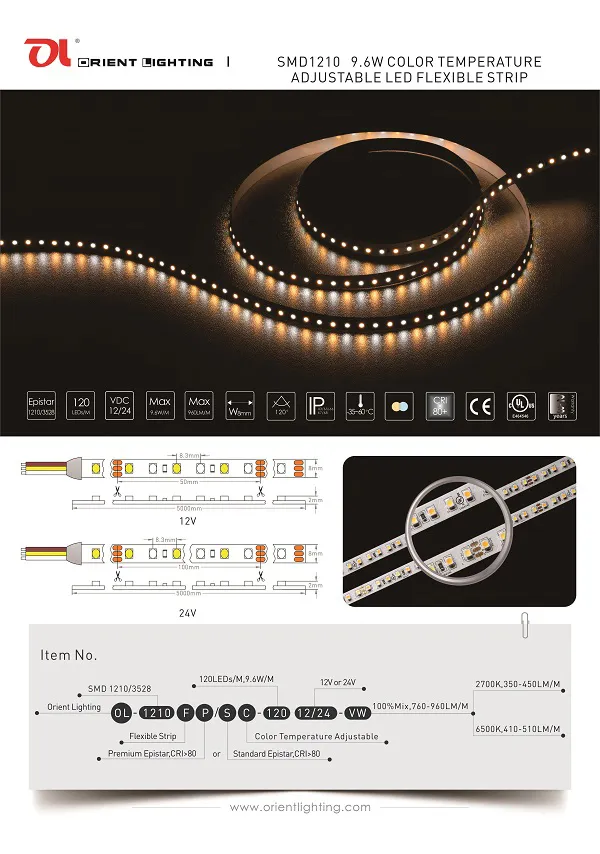 UL Ce Epistar 1210/3528 Color Temperature Adjustable Flexible LED Strip Light