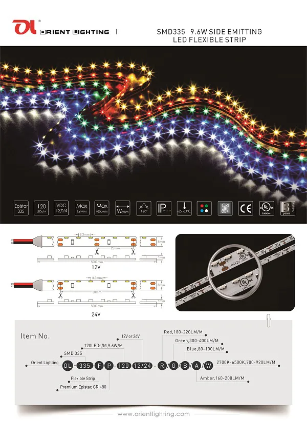 UL Ce SMD 335 Side View Flexible Strip-120 LEDs/M LED Strip Light